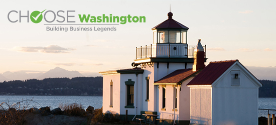 A lighthouse and Olympic Mountains behind the Choose Washington logo