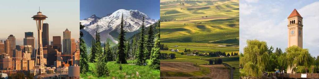 Isang pinagsamang larawan ng skyline ng Seattle, Mount Rainier, mga bukirin sa Silangan ng Washington at ang tore ng orasan sa Spokane