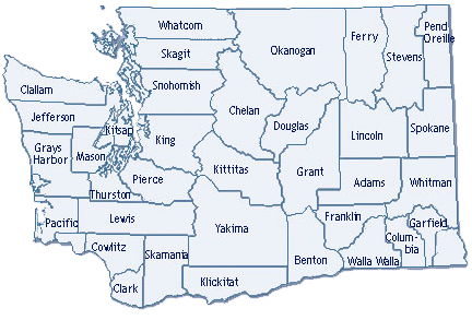 A map of Washington state with county outlines. Clicking the map opens a drop-down menu to select the county you live in.