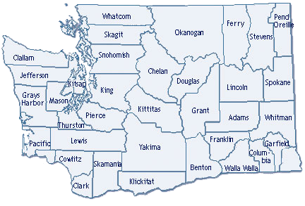 A map of Washington state with county outlines. Clicking the map opens a drop-down menu to select the county you live in.