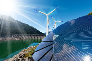 A hydro electric dam, a solar panel and a wind turbine