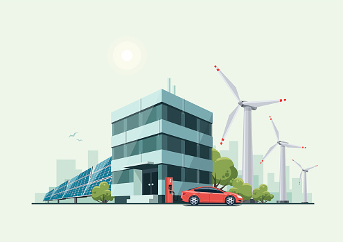 Vector illustration of modern green eco business office building with green trees and electric car charging in front of the workplace in cartoon style. Solar panels and wind turbines are int the background.