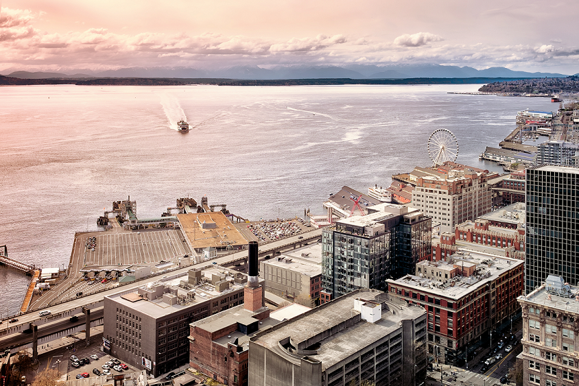 View of the Seattle waterfront and commercial buildings