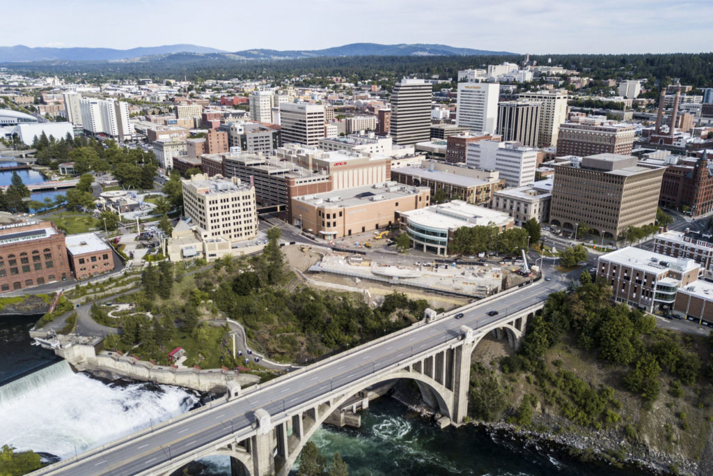 Aerial view of Spokane, Washington with bridge
