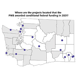 Map showing the geographic distribution of PWB conditional awards of federal funds in 2022.