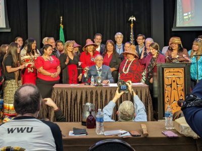 The Department of Commerce’s new Tribal Liaison, Michelle Gladstone-Wade attends Governor Inslee’s landmark bill signing at the Tulalip Resort