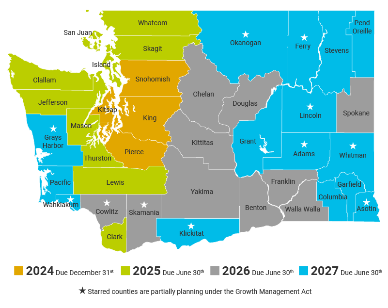 Map of Washington Counties organized by update years