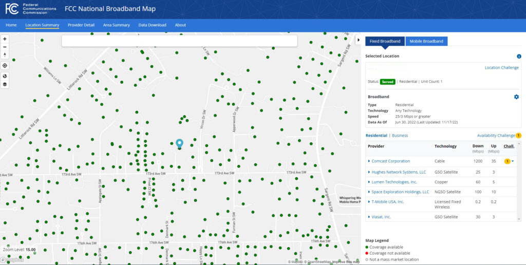 FCC National Broadband Map Location Detail