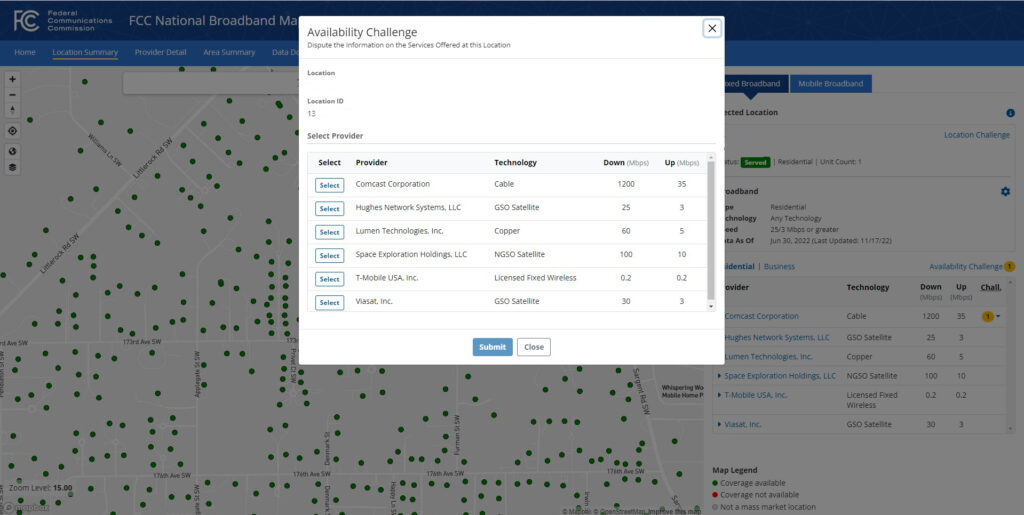 FCC National Broadband Map Service Provider Selection