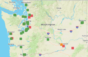 screenshot image of a webpage map indicating locations of projects funded with rapid Capital Housing Acquisition program funds as of March 2023