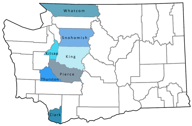 Map of Washington state including highlighted counties