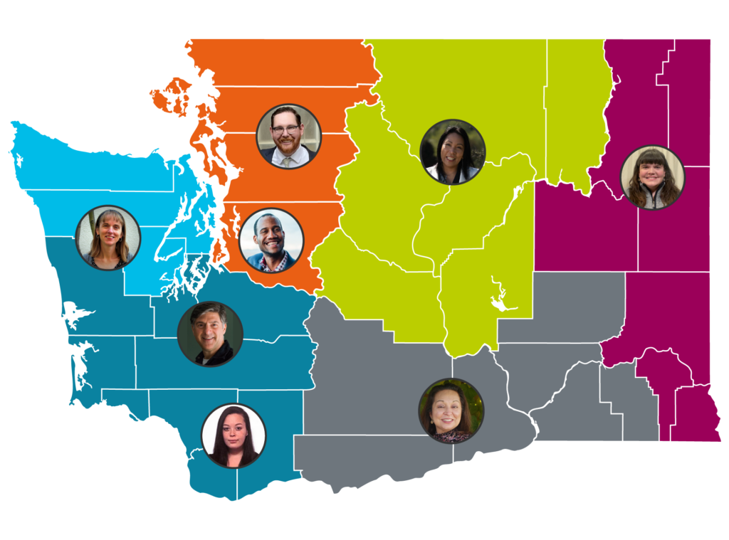 Regional map of Washington showing different CE staff locations