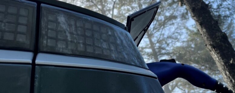 Rear quarter panel of an electric vehicle with charging plug visible. Up angle shows evergreen trees with dappled sunlight streaming through branches.