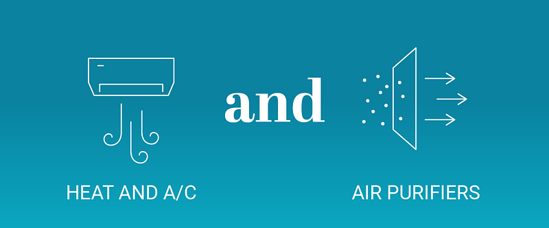Teal blue background with white icon images of a heater/air conditioner unit and air purifier.
