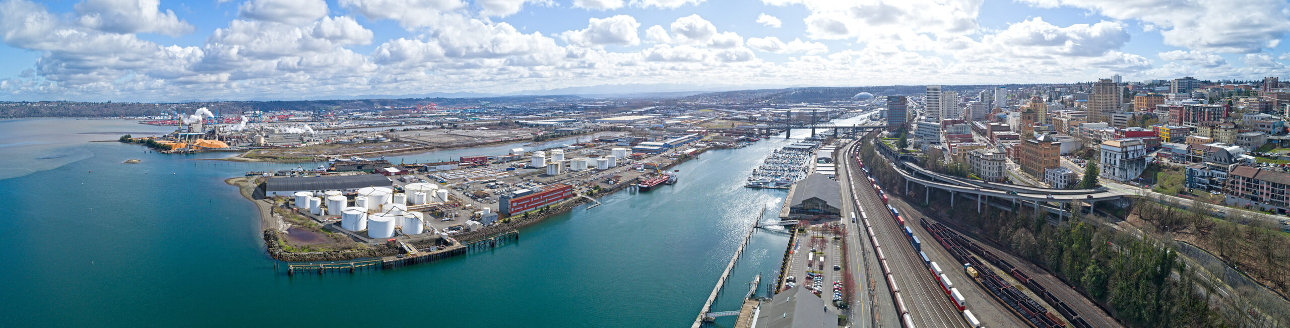 The Port of Tacoma from the air, looking east at the Puyallup River.