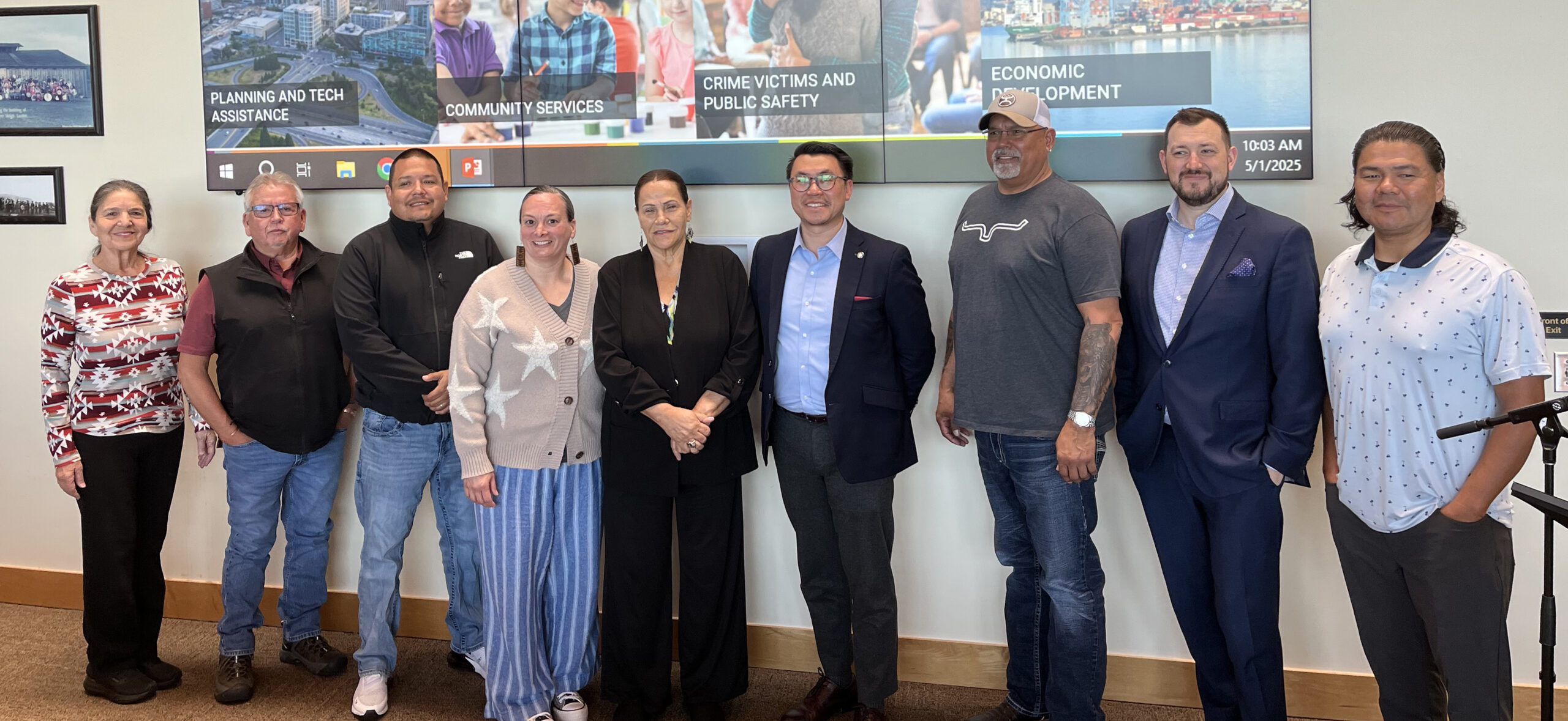 Left to right: Council Member Debra Posey, Council Member Glen Gobin, Council Treasurer Hazen Shopbell, Council Secretary Theresa Gobin, Council Chair Teri Gobin, Commerce Director Joe Nguyễn, Council Member Marlin Fryberg Jr., Treaty Rights and Government Affairs Director Ryan Miller, and Office of Tribal Relations Deputy Director Al Andy.