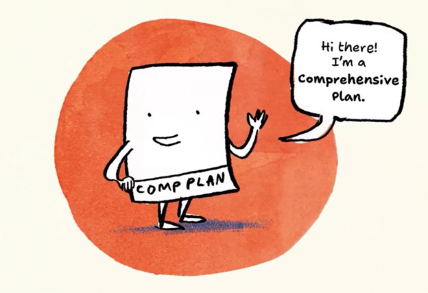 A cartoon character in the form of a comprehensive plan named Zonie Mithcell. 